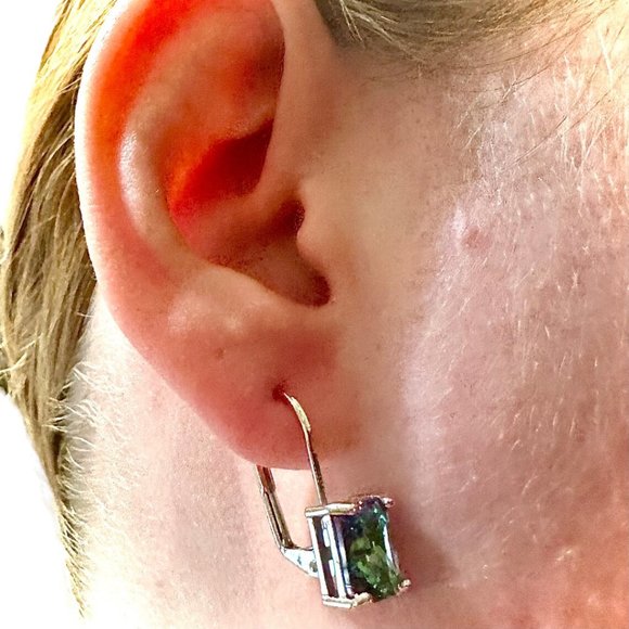 Emerald Cut Rainbow Mystic Topaz Dangle Earrings for Women SIlver Plated - Picture 3 of 10